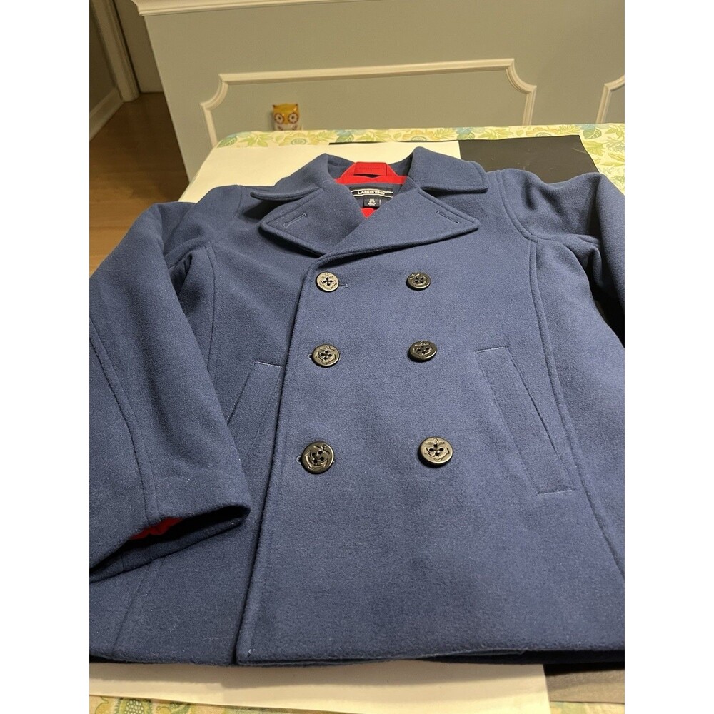Lands End Blue Double Breasted Quilted Lining Pea Coat Sz M (10-12)